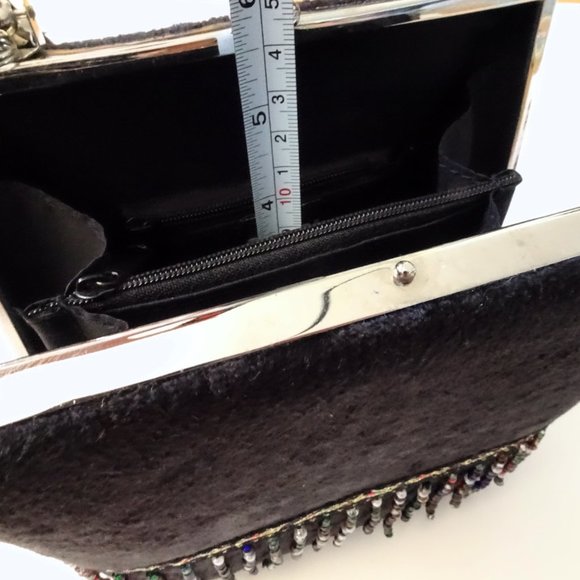Moni Mini Black Velvet Beaded Fringe Clutch Purse - Picture 9 of 11